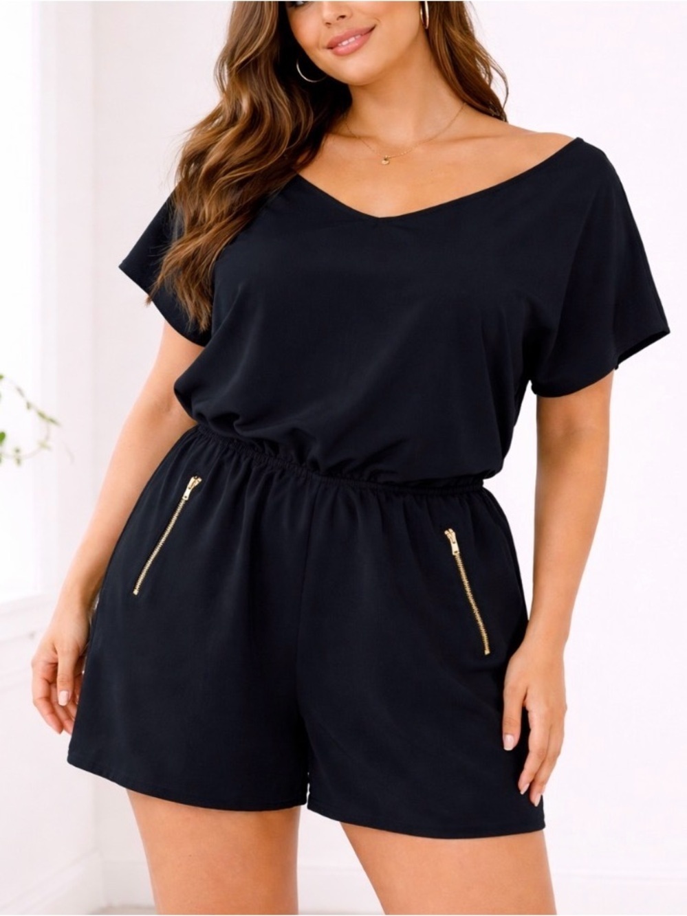 One Clothing romper black metal zip up pockets elastic waist V-neck SZ L gold